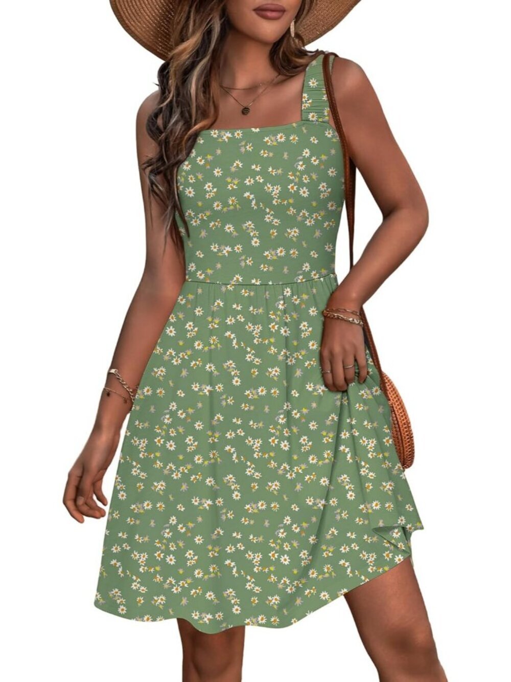 Women's Summer Square Neck Dress with Pocket Sleeveless Flower-75 High Waist